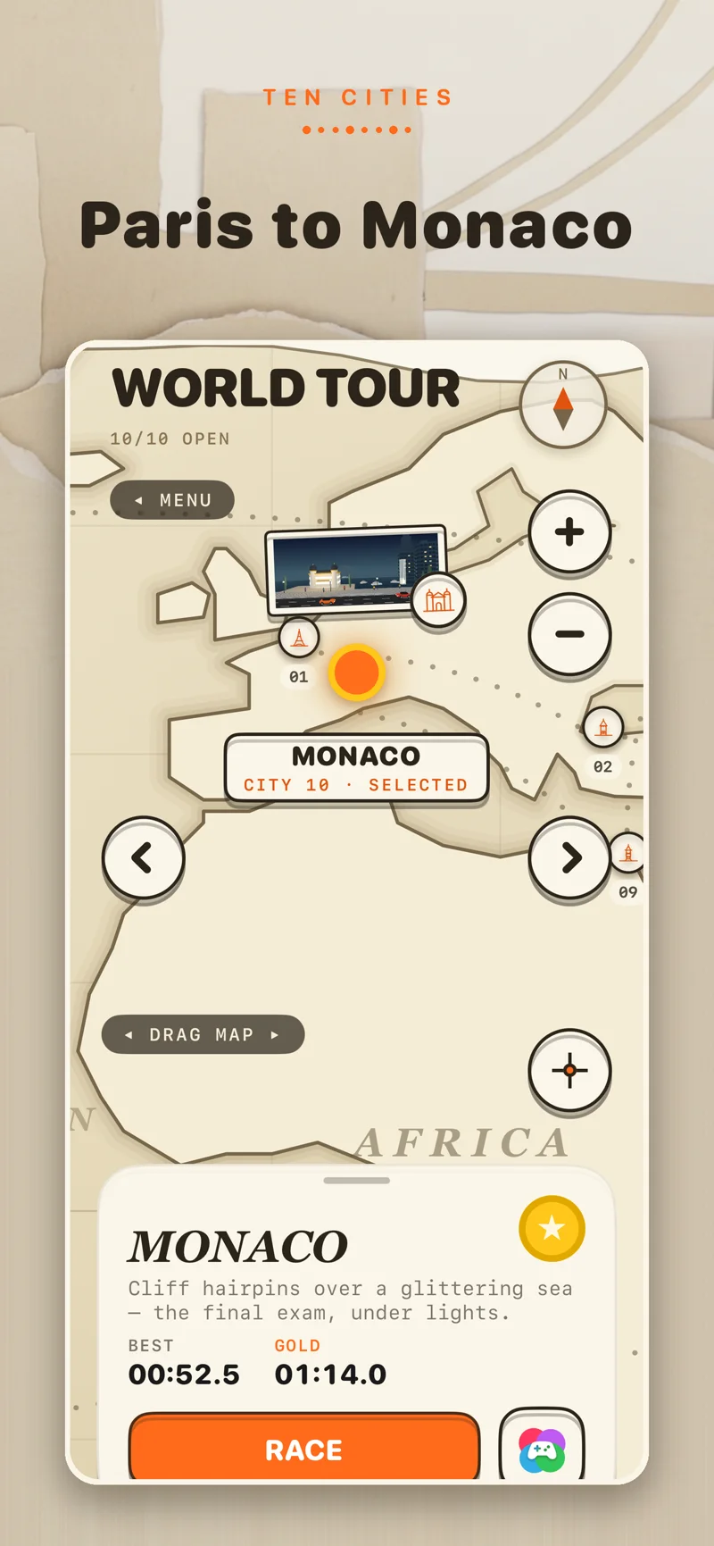 The World Tour map, Paris to Monaco
