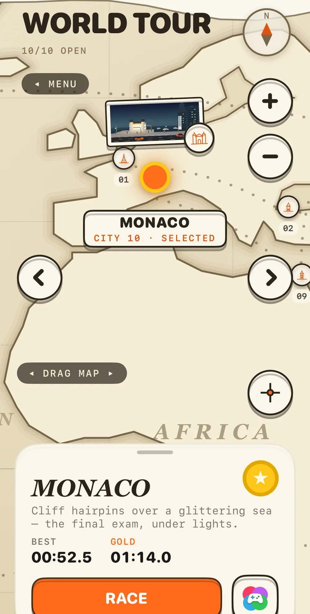 The World Tour map with Monaco selected — city 10, a best of 00:52.5 against a gold time of 01:14.0