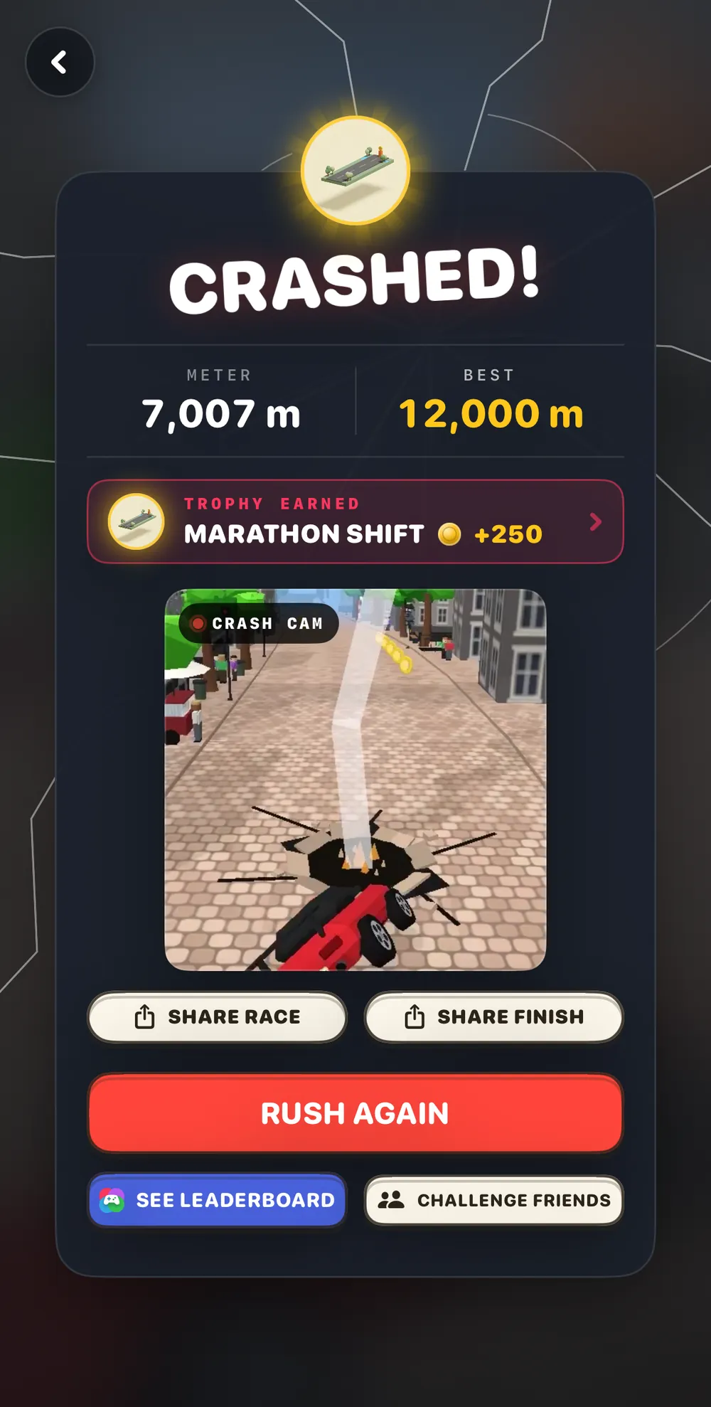 The end-of-run card: 7,007 m against a 12,000 m best, with Marathon Shift earned