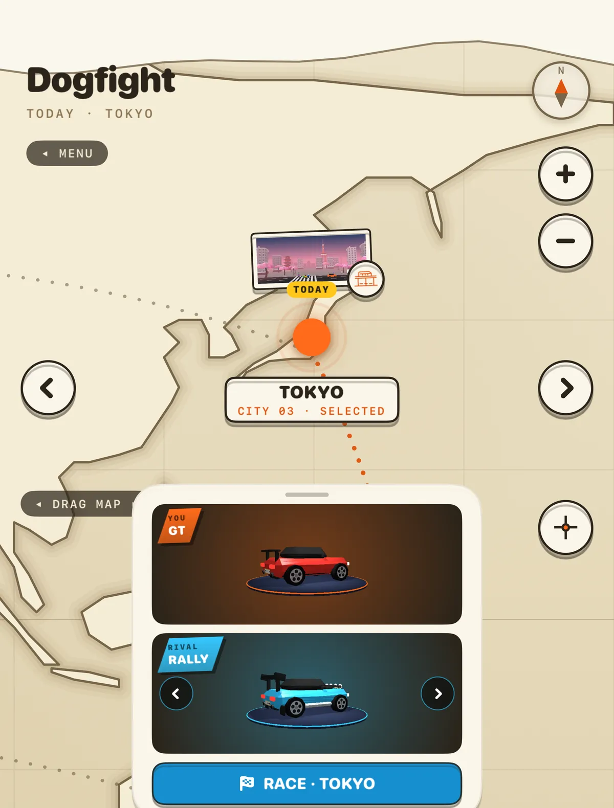 The Dogfight line-up on iPad, your car against the rival's